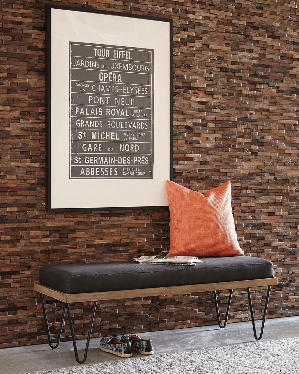 Black Vegan Leather & Natural Wood Finish Accent Bench