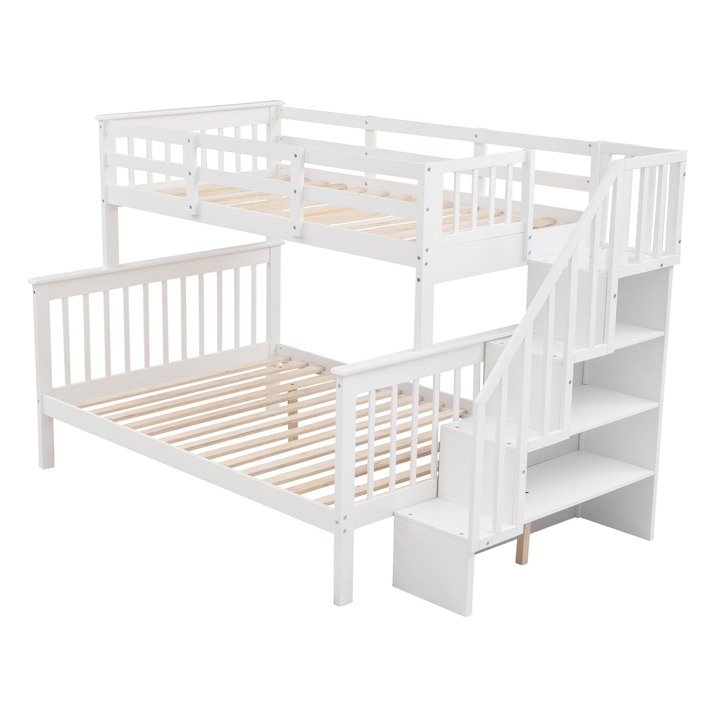 Twin-Over-Full Bunk Bed with Storage Stairway in White
