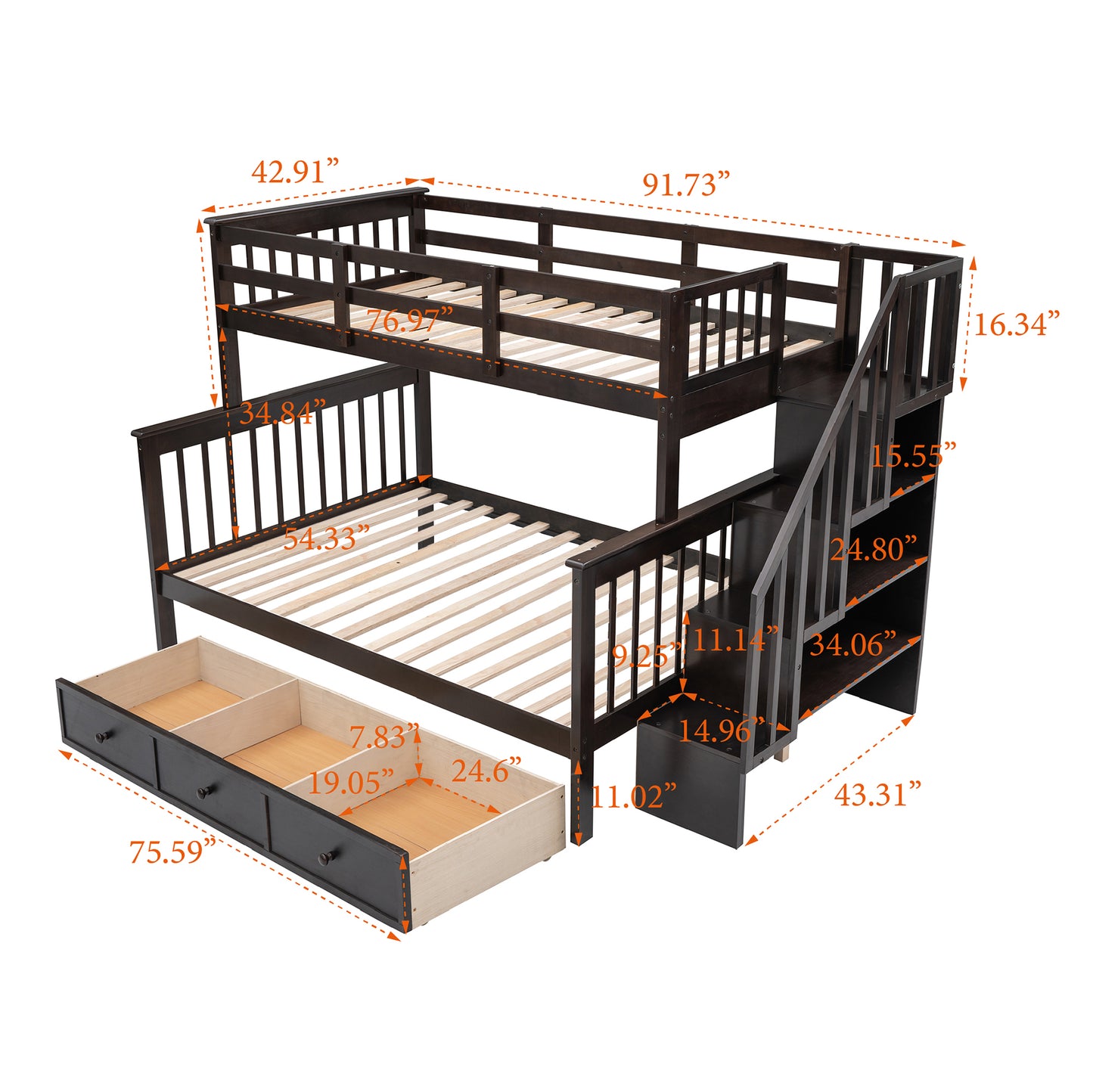 Homey Life Stairway Twin-Over-Full Bunk Bed with Drawer - Espresso
