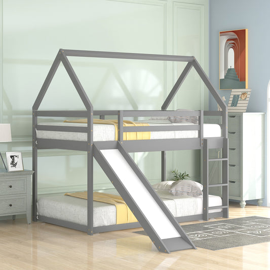 WM Store Twin Size Bunk House Bed with Slide and Ladder in Gray