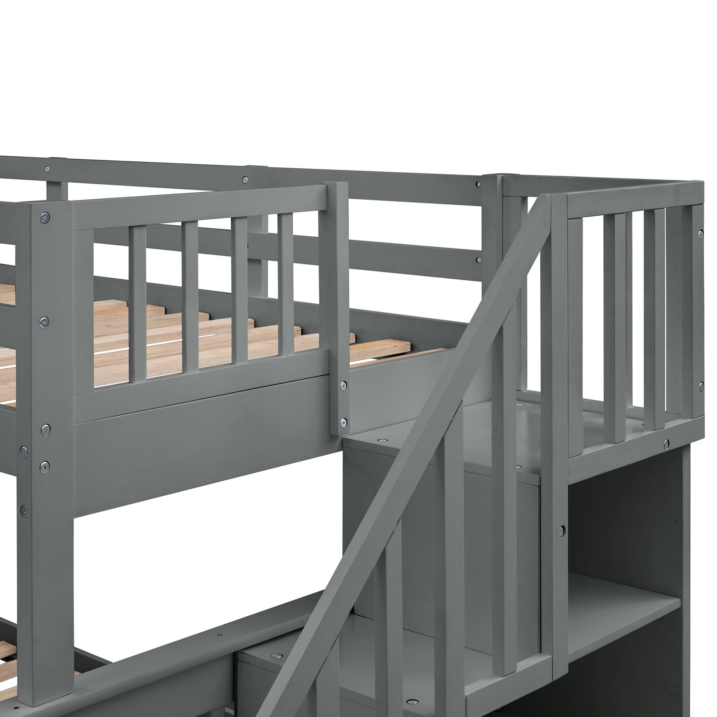 Homey Life Stairway Twin-Over-Full Bunk Bed with Storage and Guard Rail for Bedroom, Gray