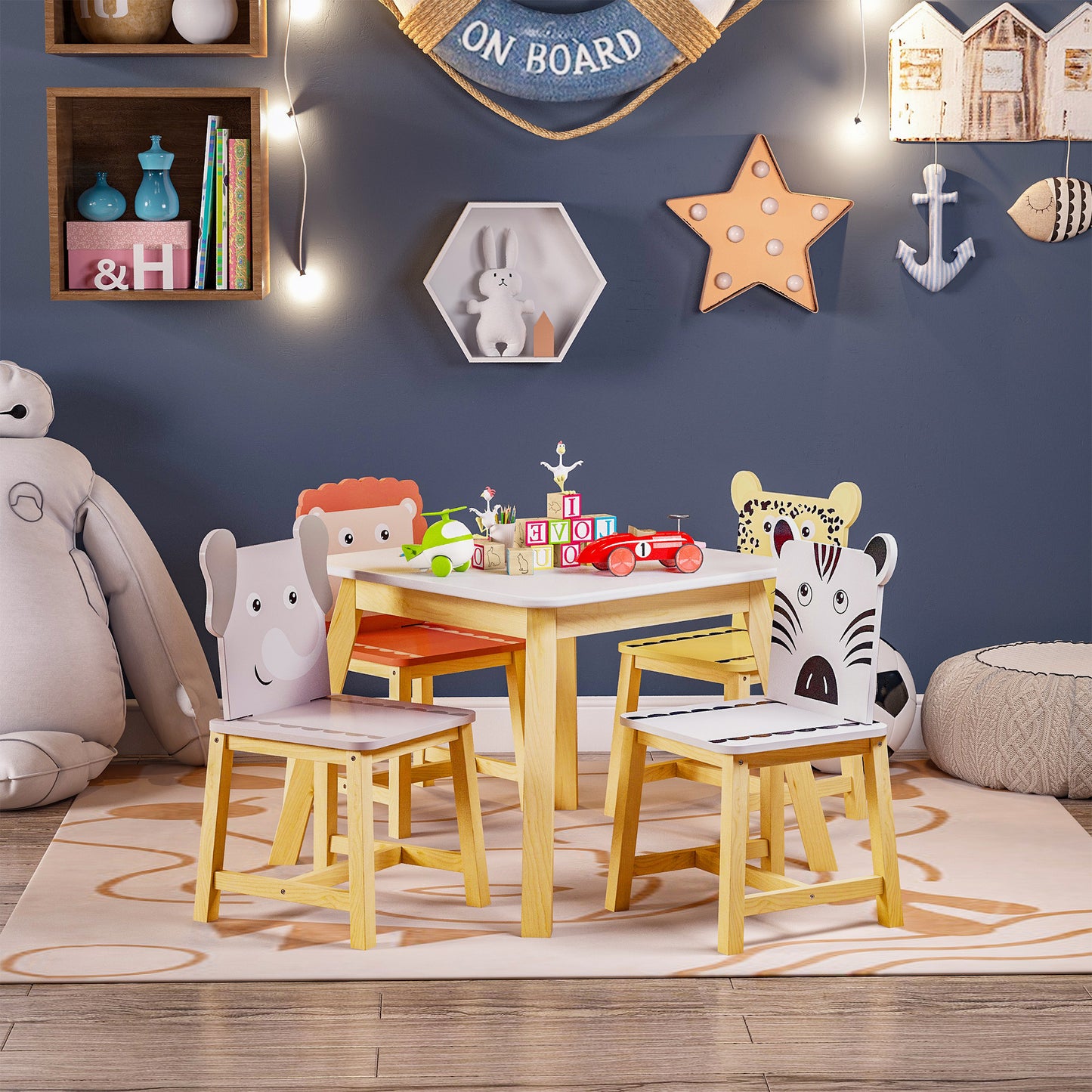 Moonriver Kids Wood Table with 4 Chairs Set Cartoon Animals