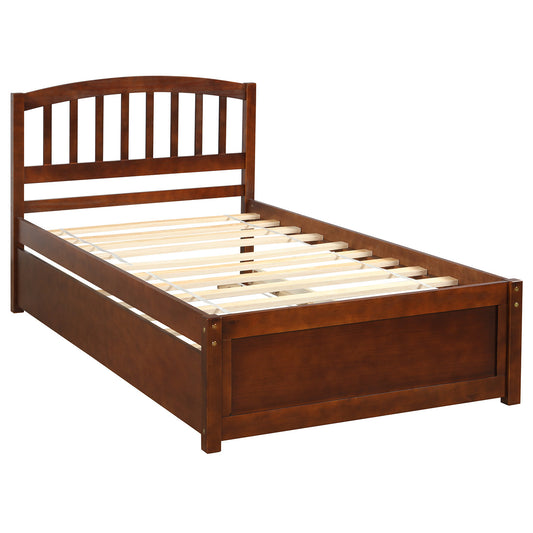 Homey Life Twin size Platform Bed Wood Bed Frame with Trundle, Walnut