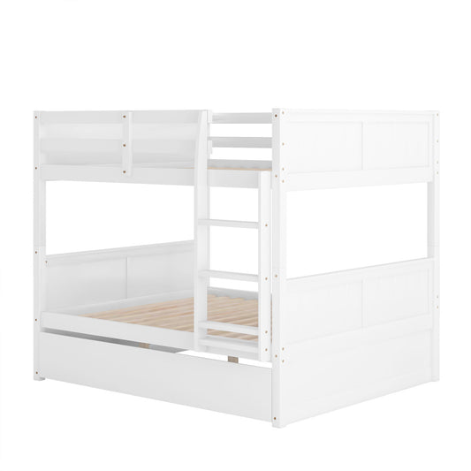 Homey Life Full Over Full Bunk Bed with Twin Size Trundle, White