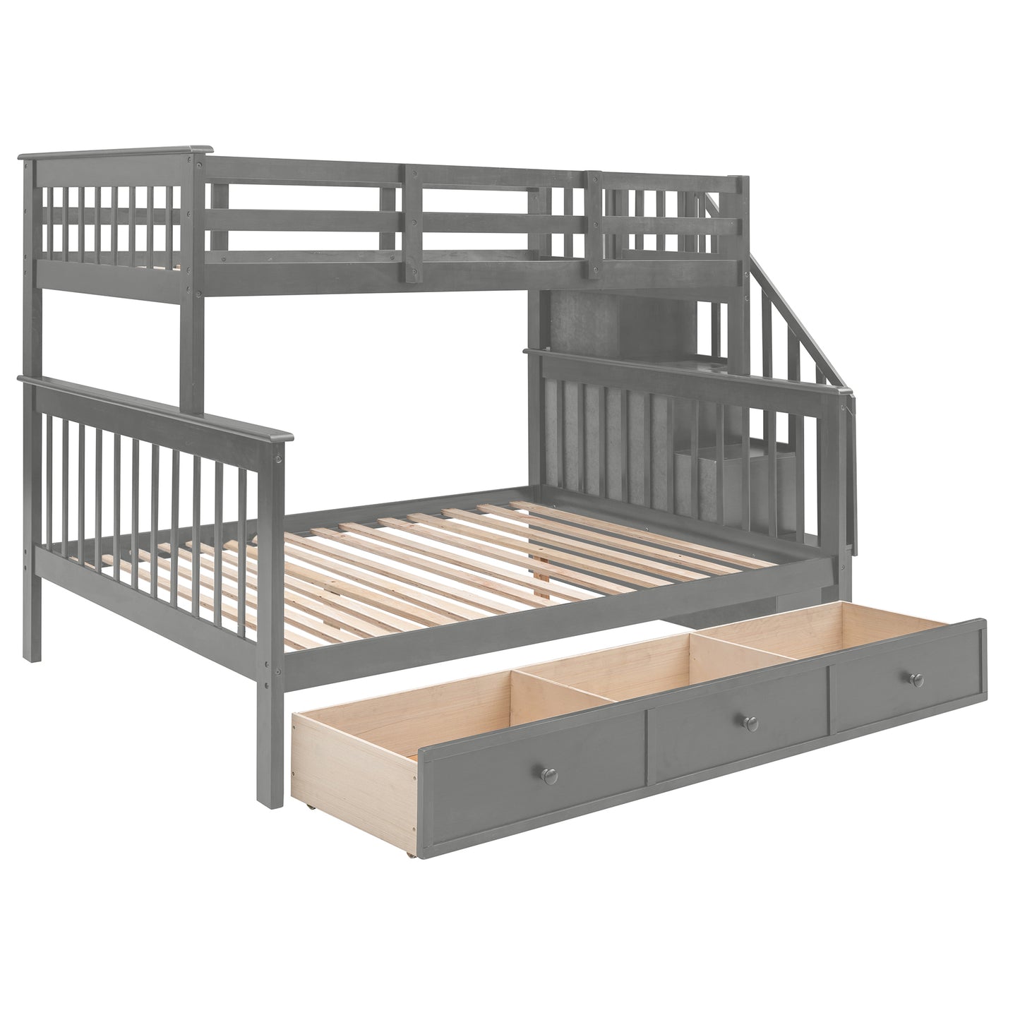 Homey Life Stairway Twin-Over-Full Bunk Bed with Drawer - Gray