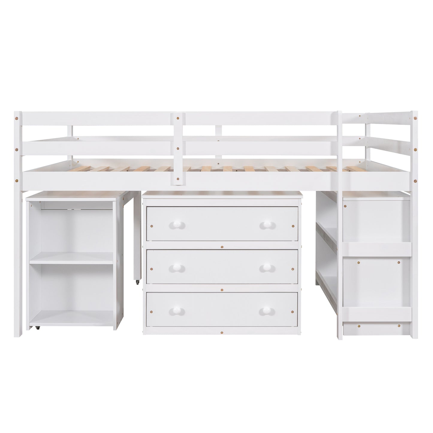Full Loft Bed with Cabinet ,Shelves and Rolling Portable Desk - White