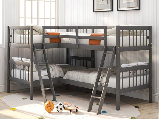 Homey Life Mission Style Twin Size L-Shaped Bunk Bed with Ladder - Gray