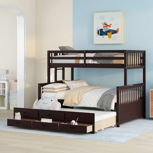 Homey Life Twin-Over-Full Bunk Bed with Twin size Trundle , Separable Bunk Bed with Drawers for Bedroom - Espresso