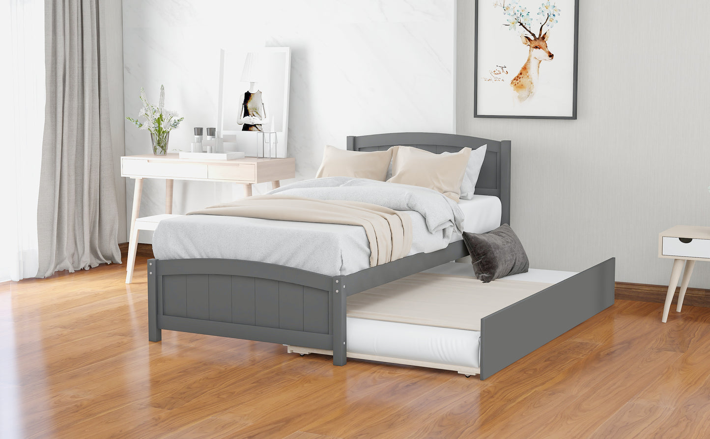 Homey Life Twin size Platform Bed with Trundle, Gray