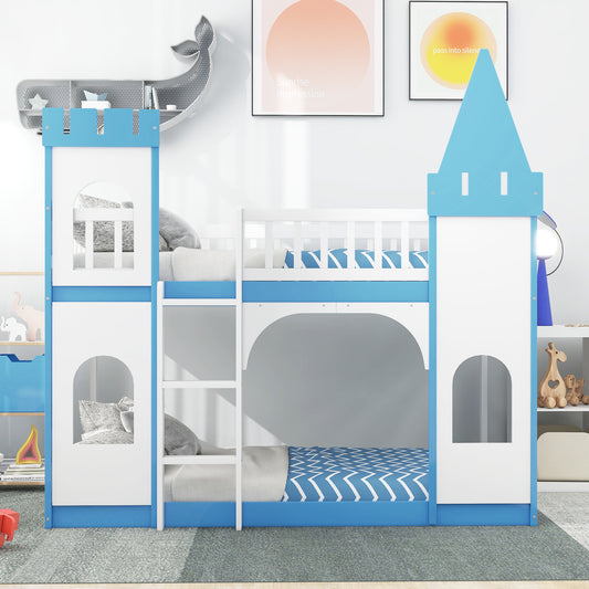 Twin Over Twin Castle Bunk Bed with Ladder - Blue
