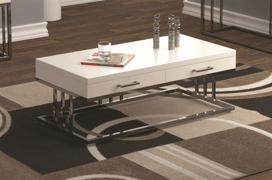 Tinsel 2-Drawer Glossy White Coffee Table w- Casters