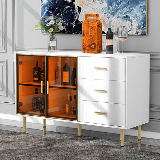 TREXM Modern Sideboard Cabinet Marble Sticker Tabletop and Amber-Yellow Tempered Glass Doors with Gold Metal Legs & Handles White