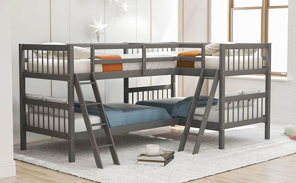 L-Shaped Bunk Bed with Ladder,Twin Size-Gray