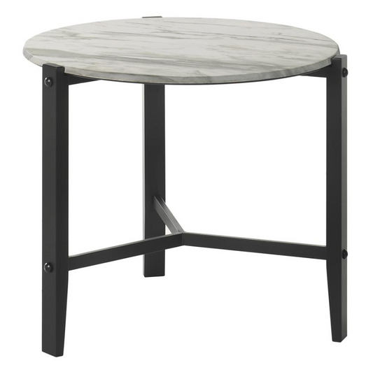 Round End Table Faux White Marble and Black