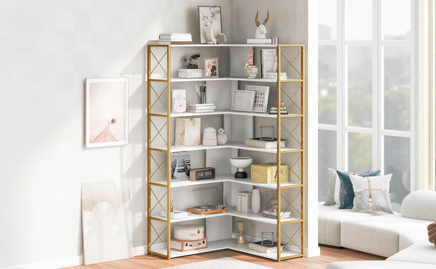 7-Tier L-Shaped Corner Bookcase with Metal Frame