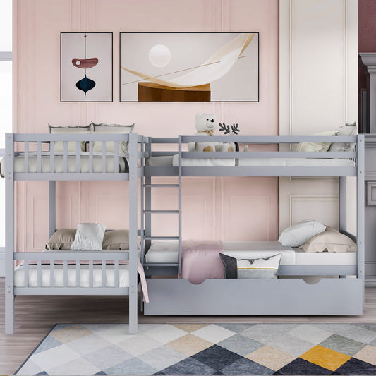 Homey Life Twin L-Shaped Bunk bed with Drawers-Gray
