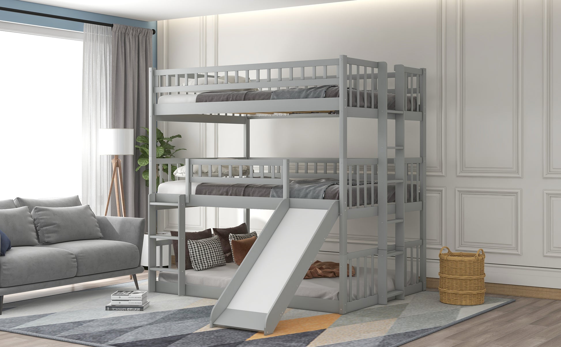 Full-Over-Full-Over-Full Triple Bunk Bed with Built-in Ladder and Slide