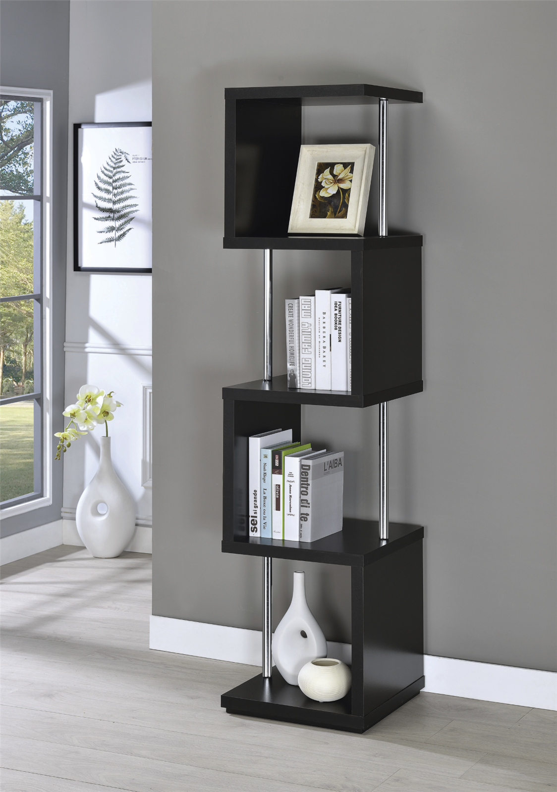 Contemporary 4 Tier Bookcase in Black Finish