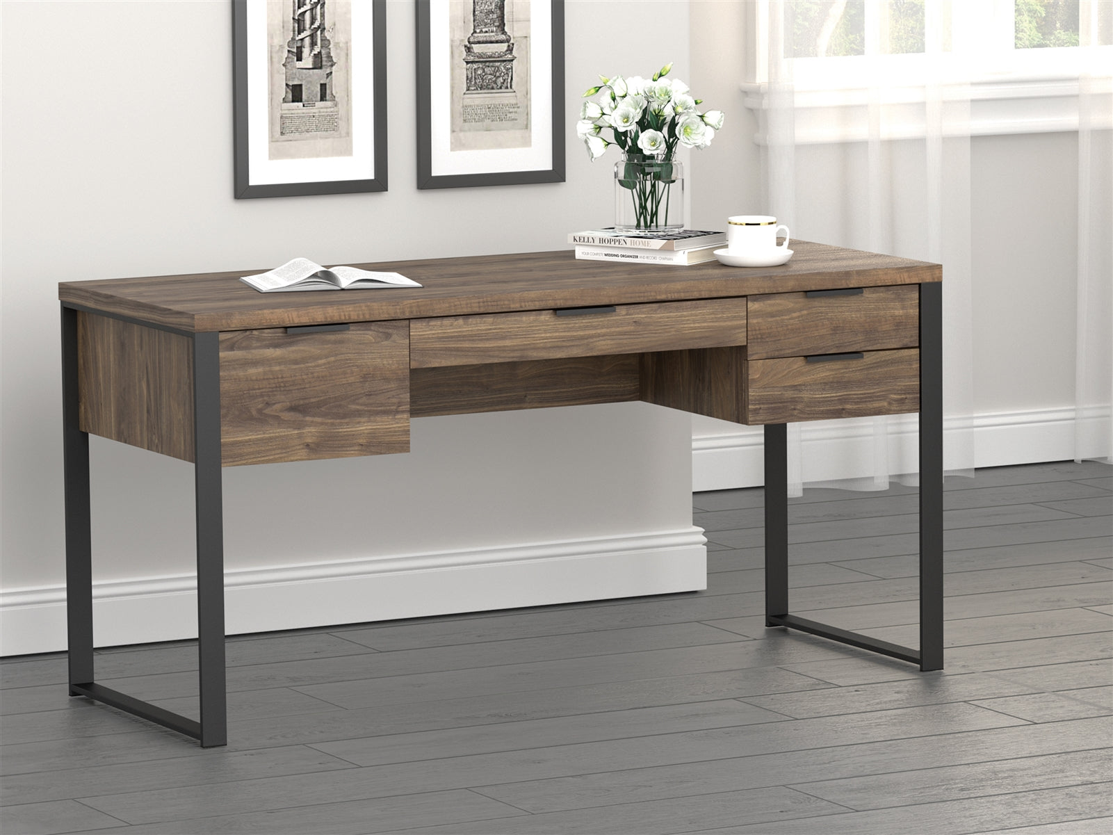 Pattinson 4-Drawer Writing Desk Aged Walnut And Gunmetal