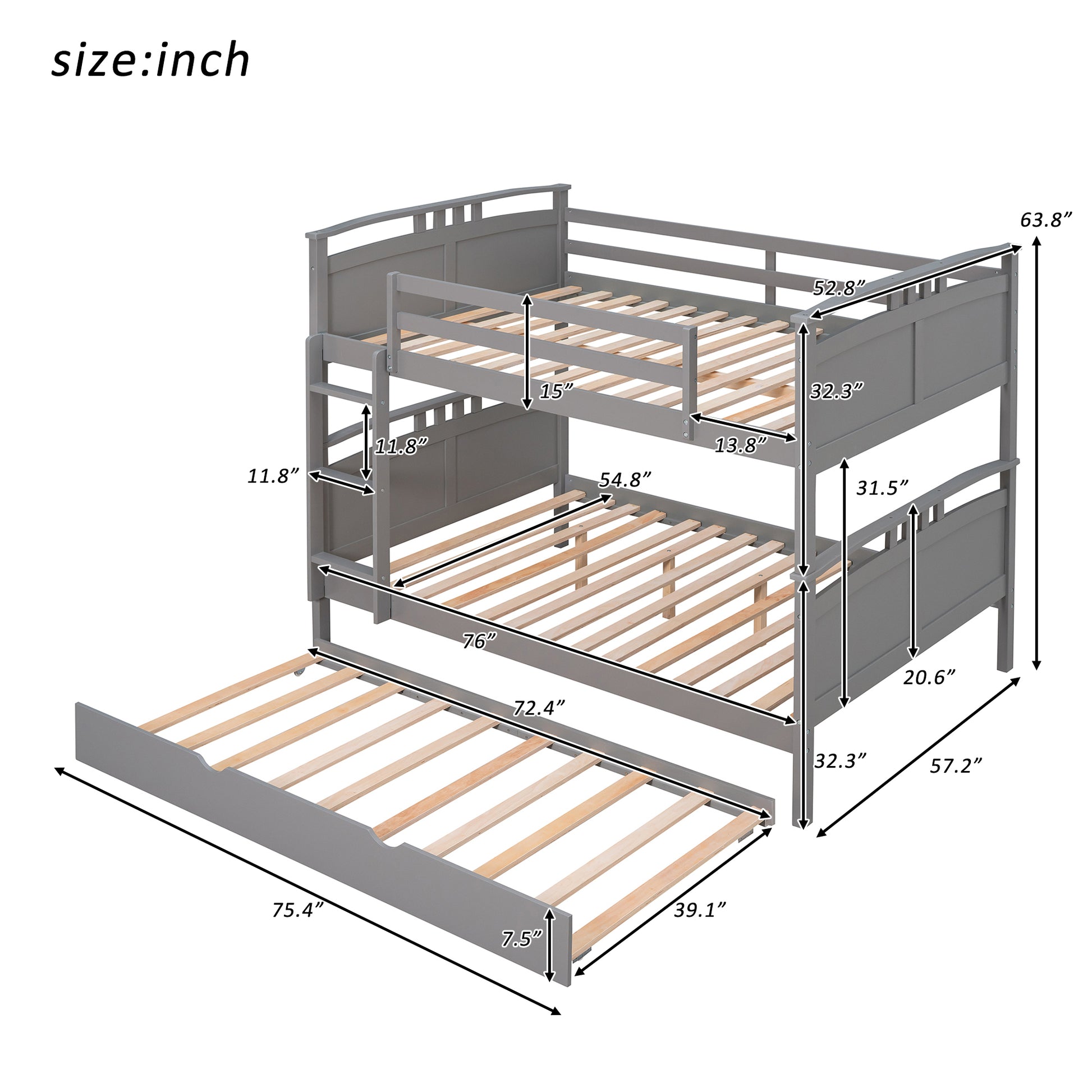 Lucky Full over Full Convertible Bunk Bed with Trundle - Gray