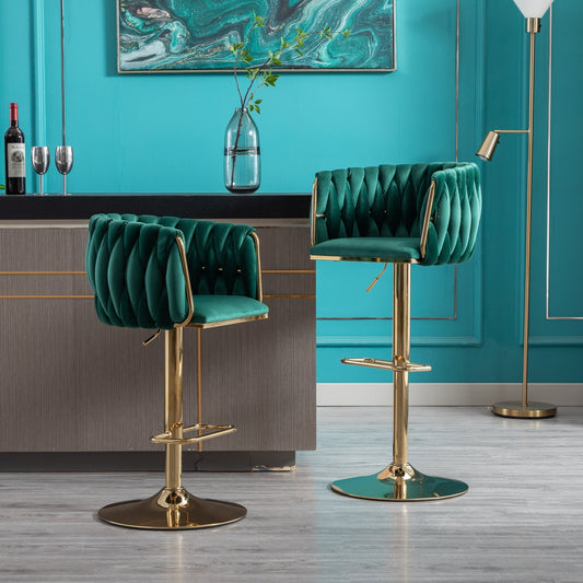 WeeHaa Modern Green Velvet Adjustable Height Bar Stool Set of 2