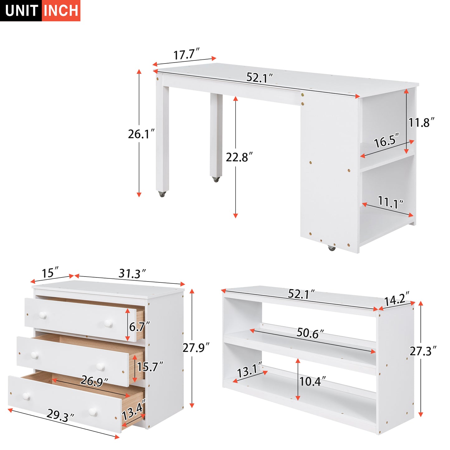 Full Loft Bed with Cabinet ,Shelves and Rolling Portable Desk - White