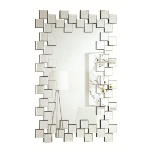 Frameless Wall Mirror With Staggered Tiles Silver