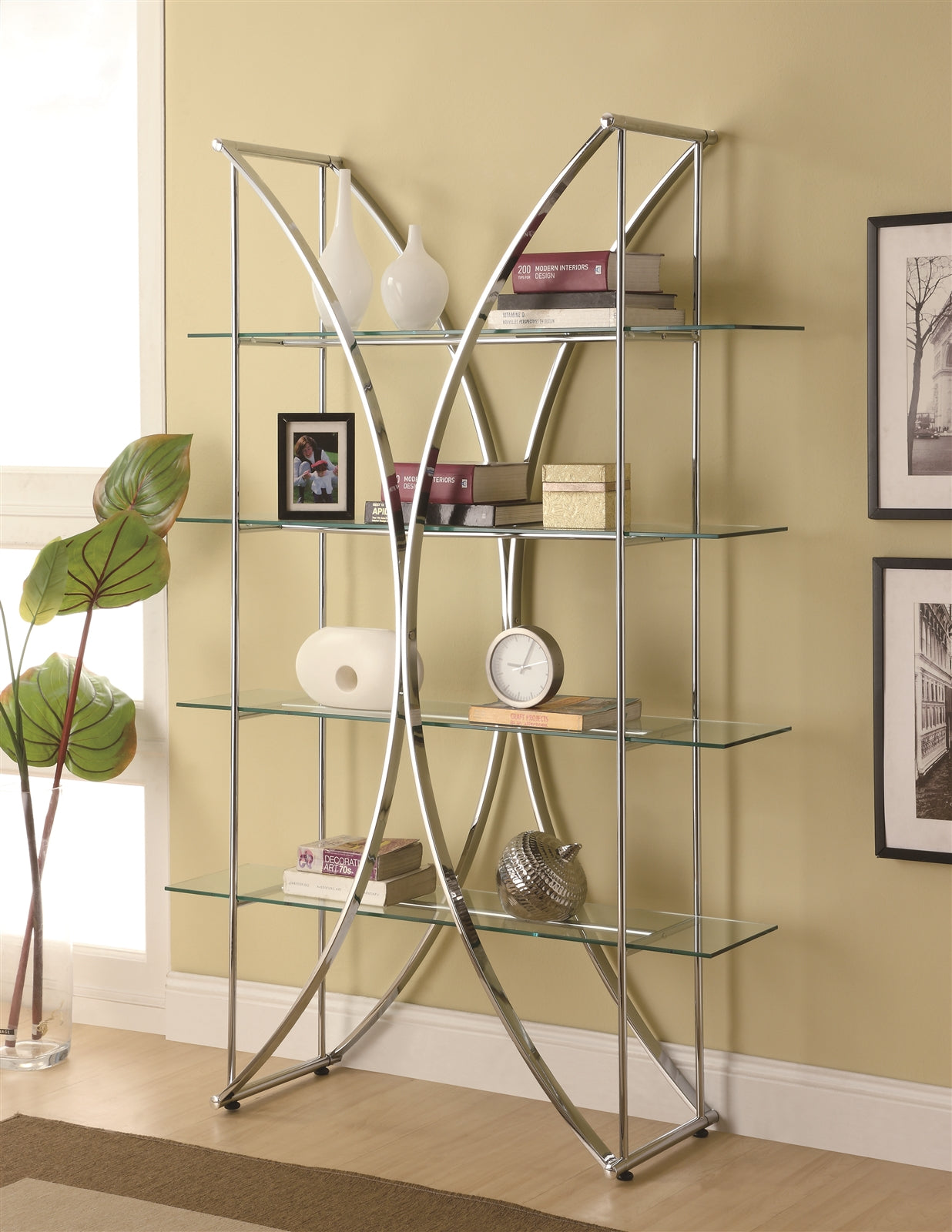 X-Motif Chrome Finish Bookshelf with Floating Style Glass Shelves