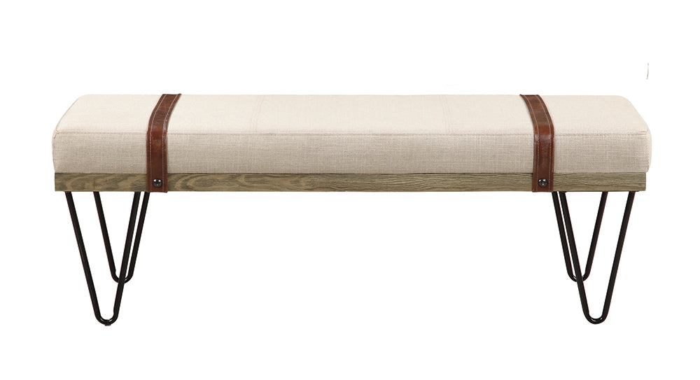 Beige Linen & Natural Wood Finish Accent Bench