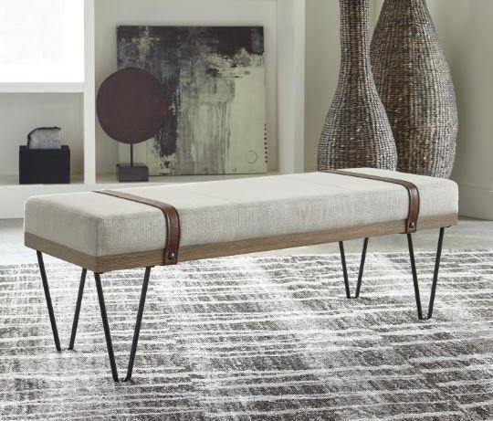 Beige Linen-Like Fabric-Black Metal Bench