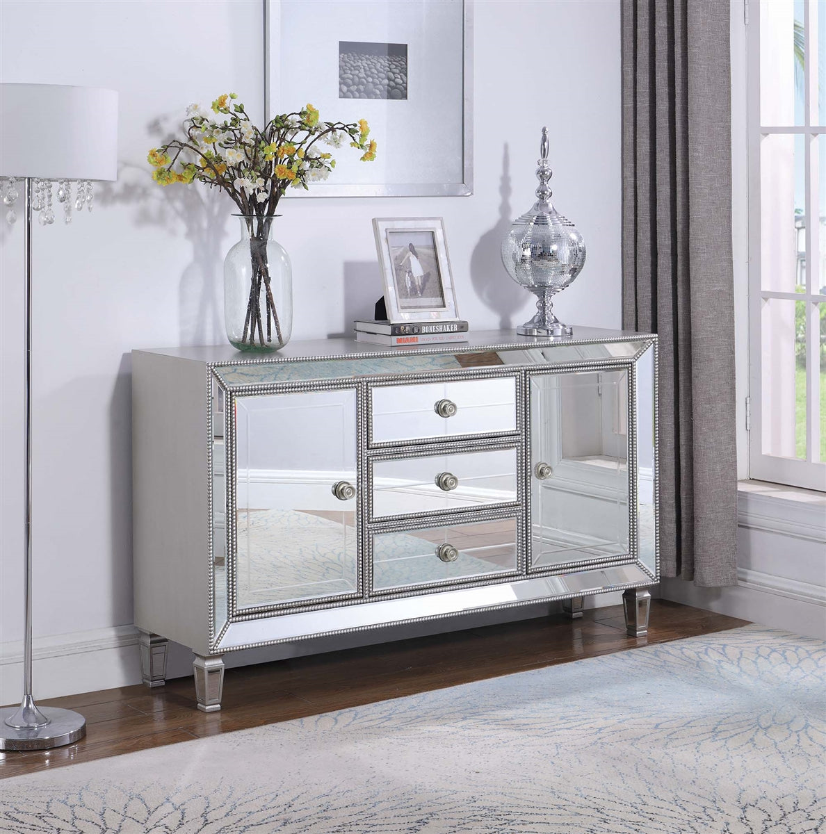 Minx Platinum Finish Mirrored Accent Cabinet