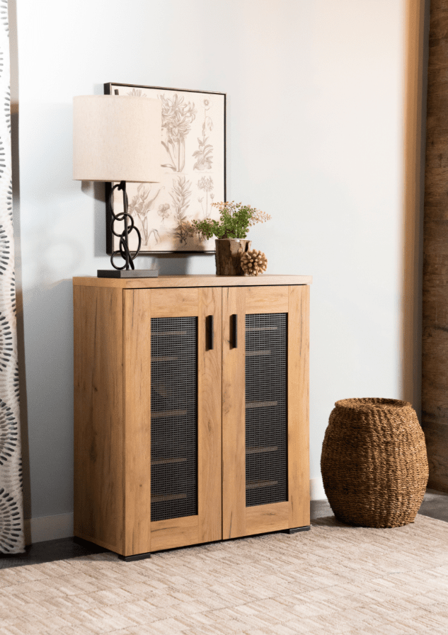 Metal Mesh Door Accent Cabinet Golden Oak