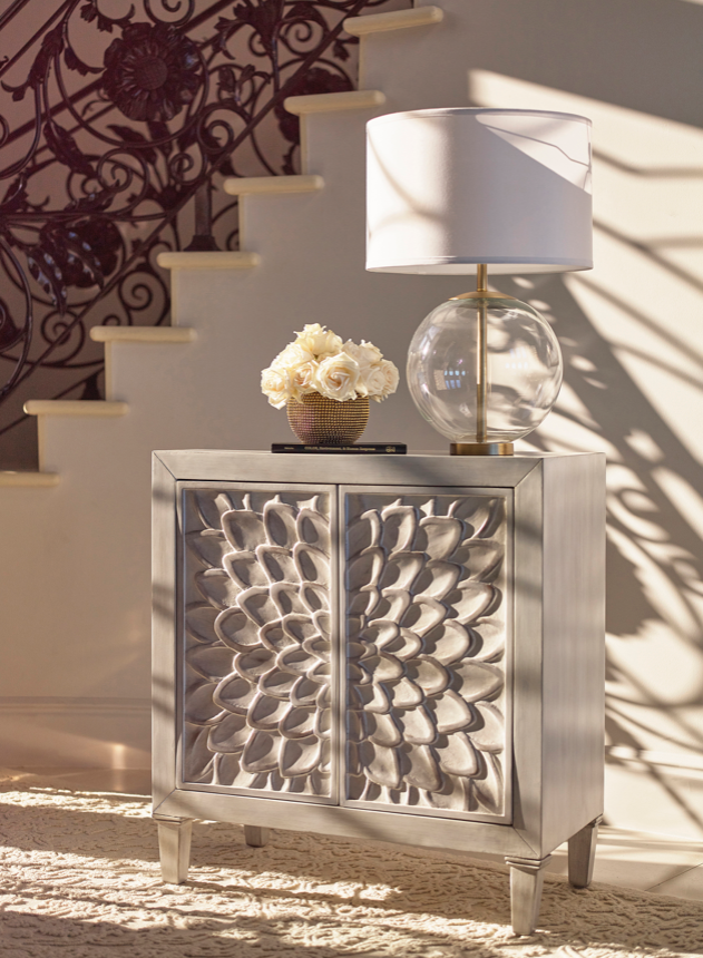 Accent Cabinet With Floral Carved Door White