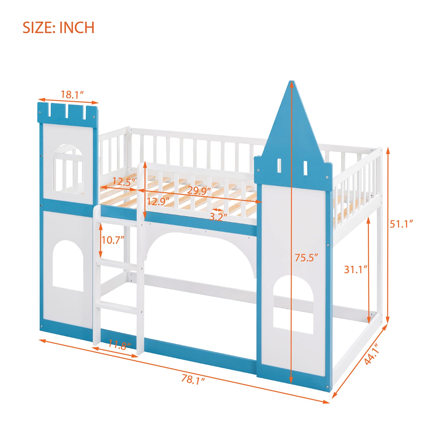 Twin Over Twin Castle Bunk Bed with Ladder - Blue