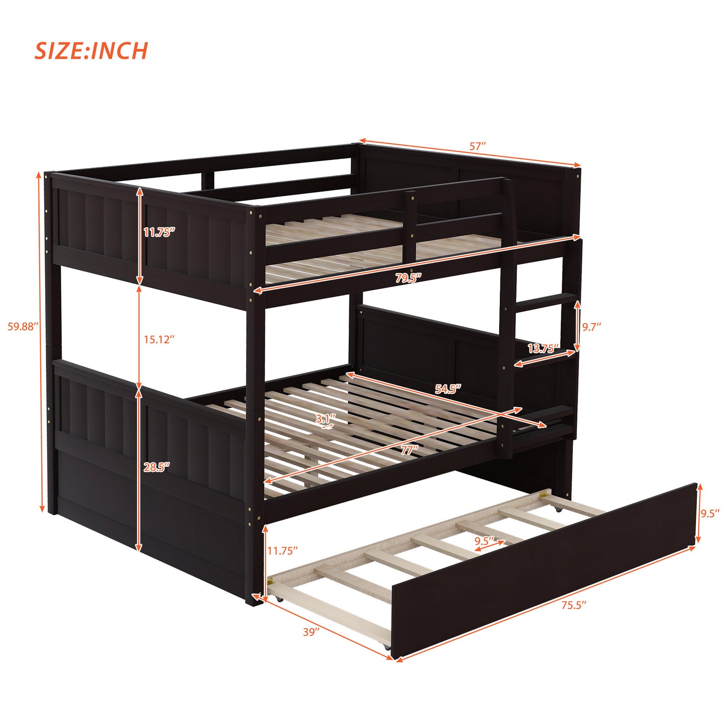 Homey Life Full Over Full Bunk Bed with Twin Size Trundle, Espresso
