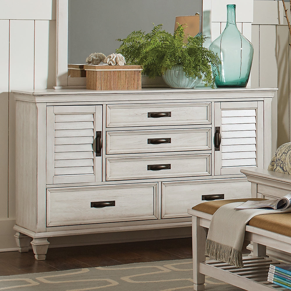 Franco Antique White Drawer Dresser With 2 Louvered Doors