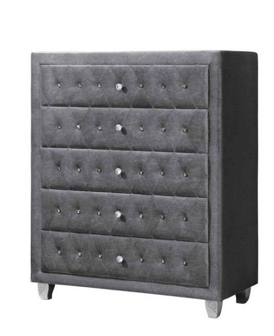 Cerci LuX Grey Velvet Chest with Acrylic Knobs & Carved Silver Feet