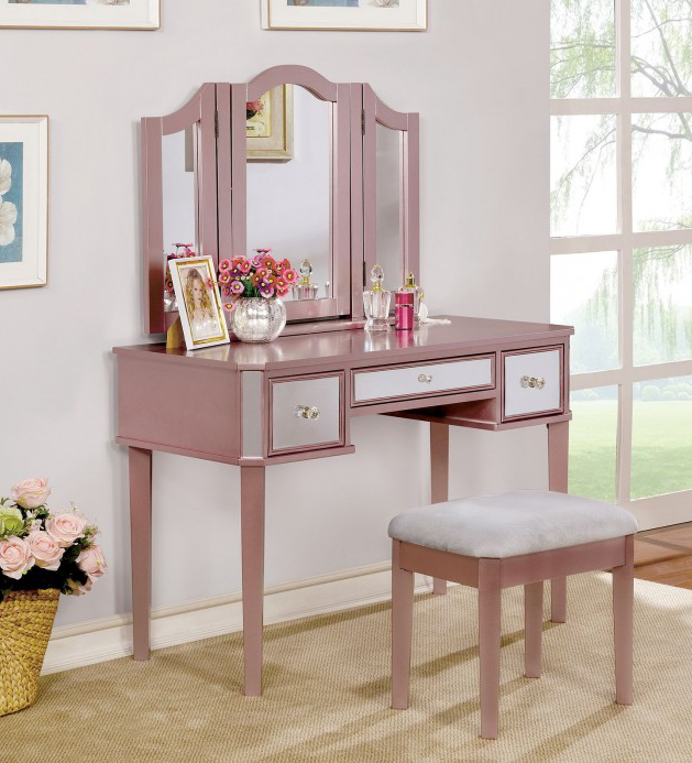 Clarisse Rose Gold Mirrored Contemporary Vanity Set