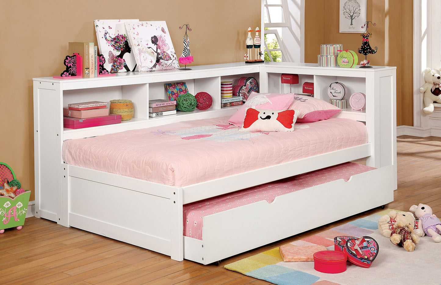 Frankie Corner Daybed w- Bookcase Headboard in White