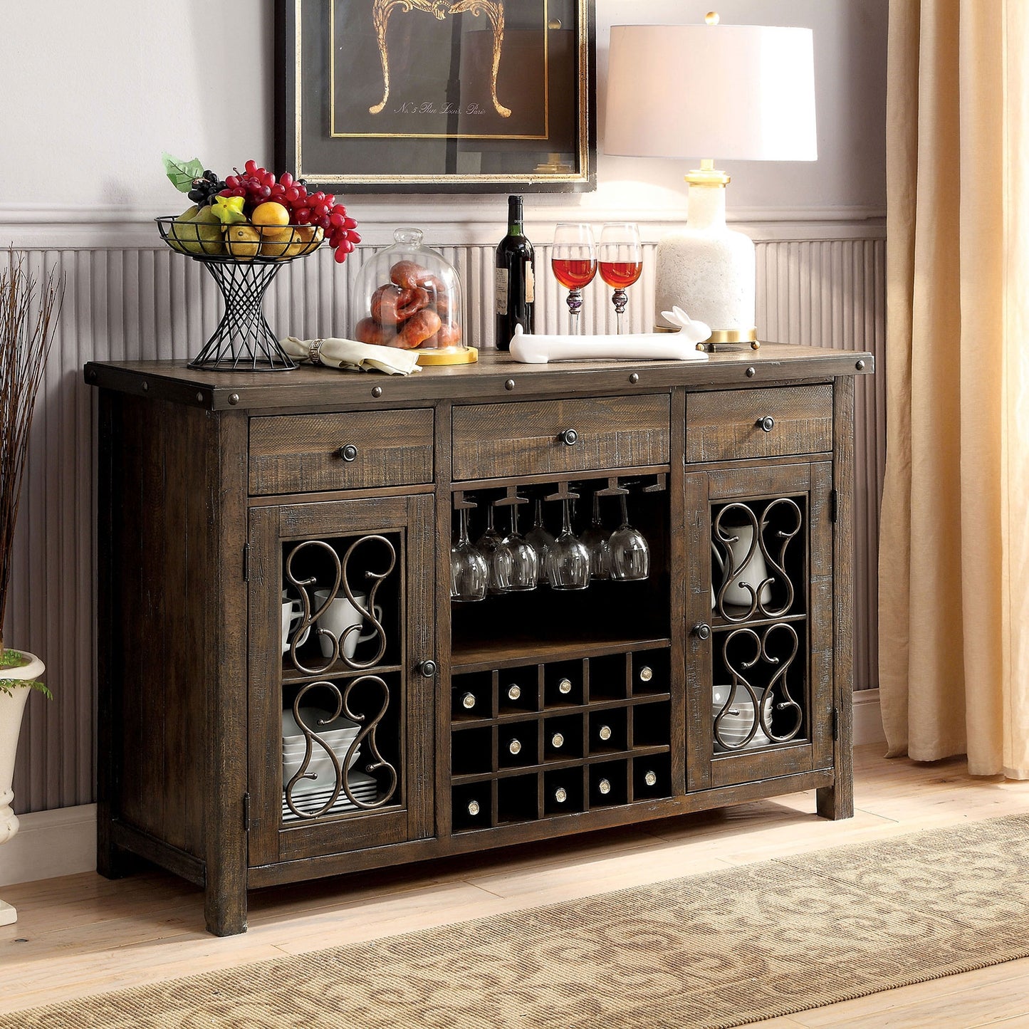 Paulina Traditional Server with Wine Storage in Rustic Walnut