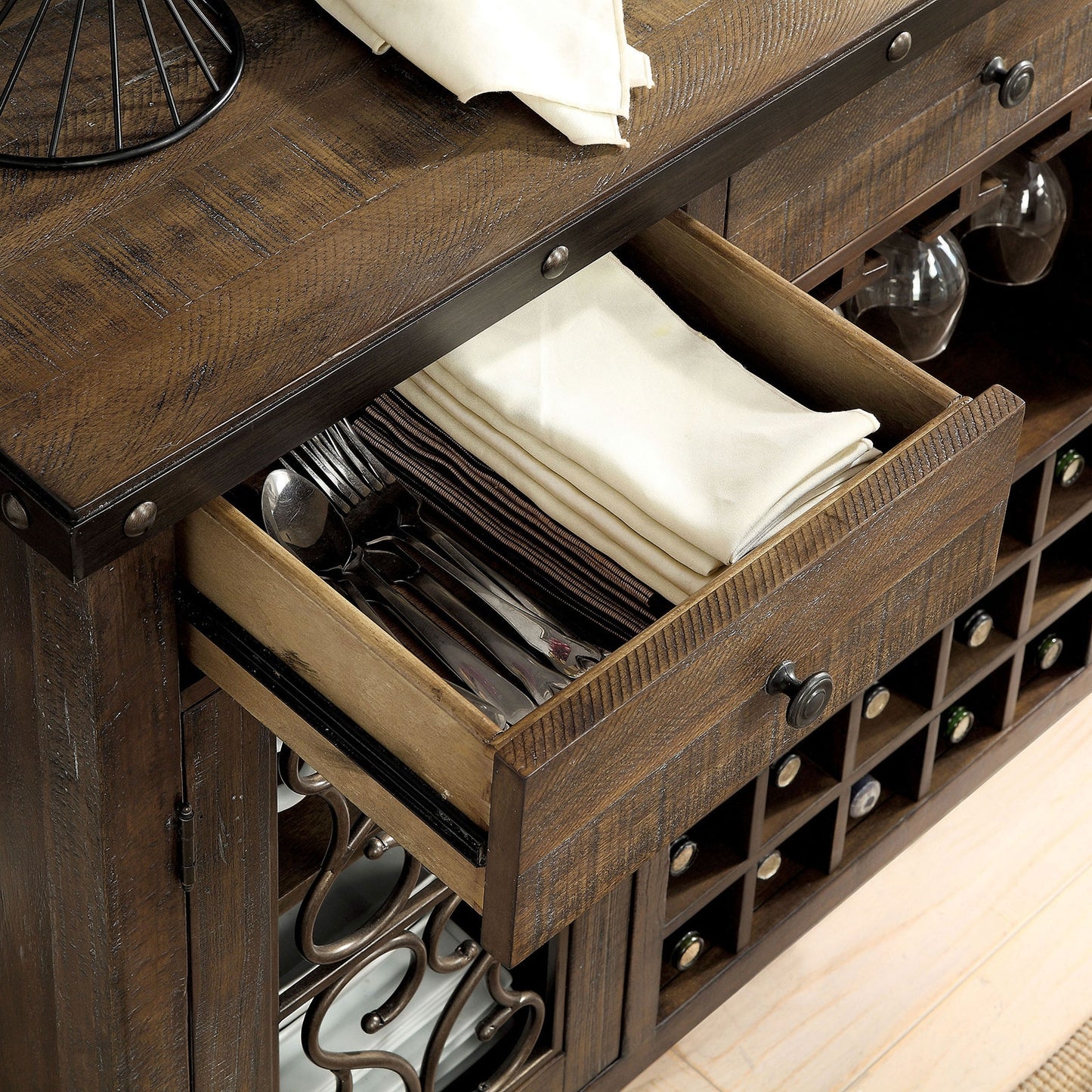 Paulina Traditional Server with Wine Storage in Rustic Walnut