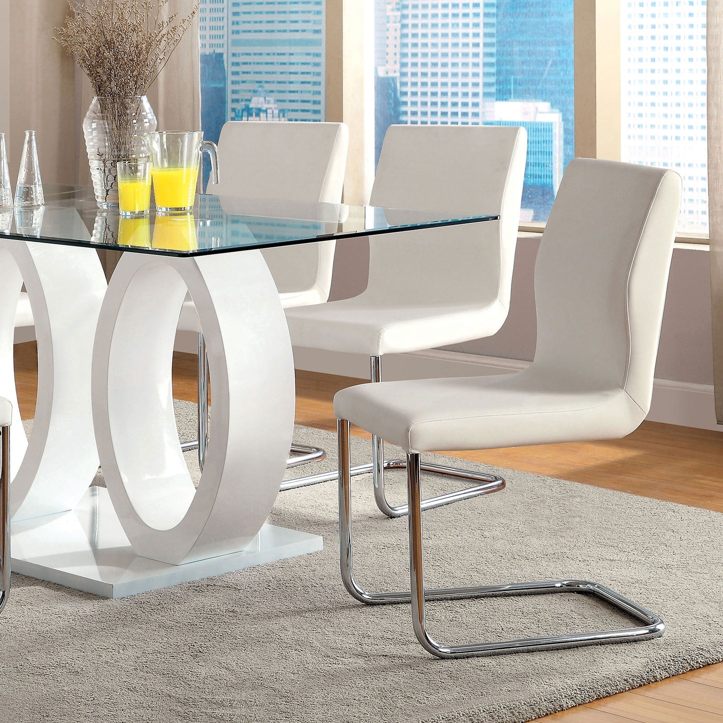Lodia Modern White High Gloss Double Pedestal 7 Piece Dining Set