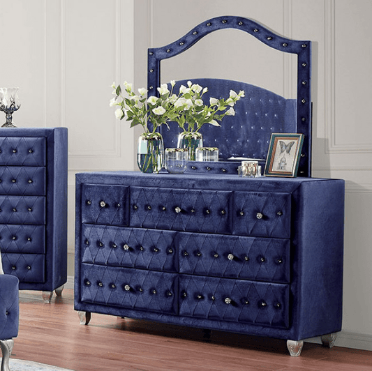 Alzir Glam Style 7 Drawer Dresser in Blue