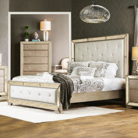 Loraine Glam Style Queen Bed with Antique Mirror Accents - Furniture of America 7195