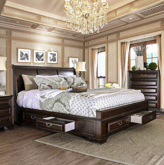Brant Transitional Storage Bed with Cedar Lined Drawers in Brown Cherry