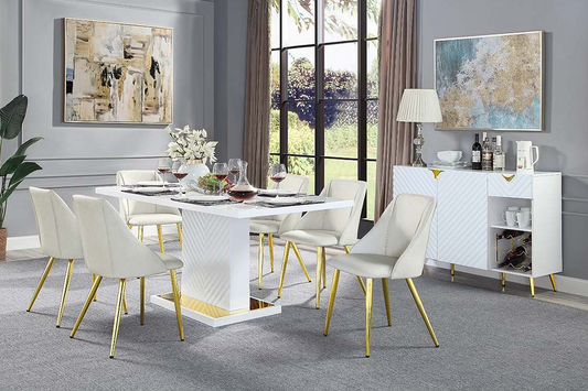 Gaines Modern High Gloss Dining Set- White & Gold