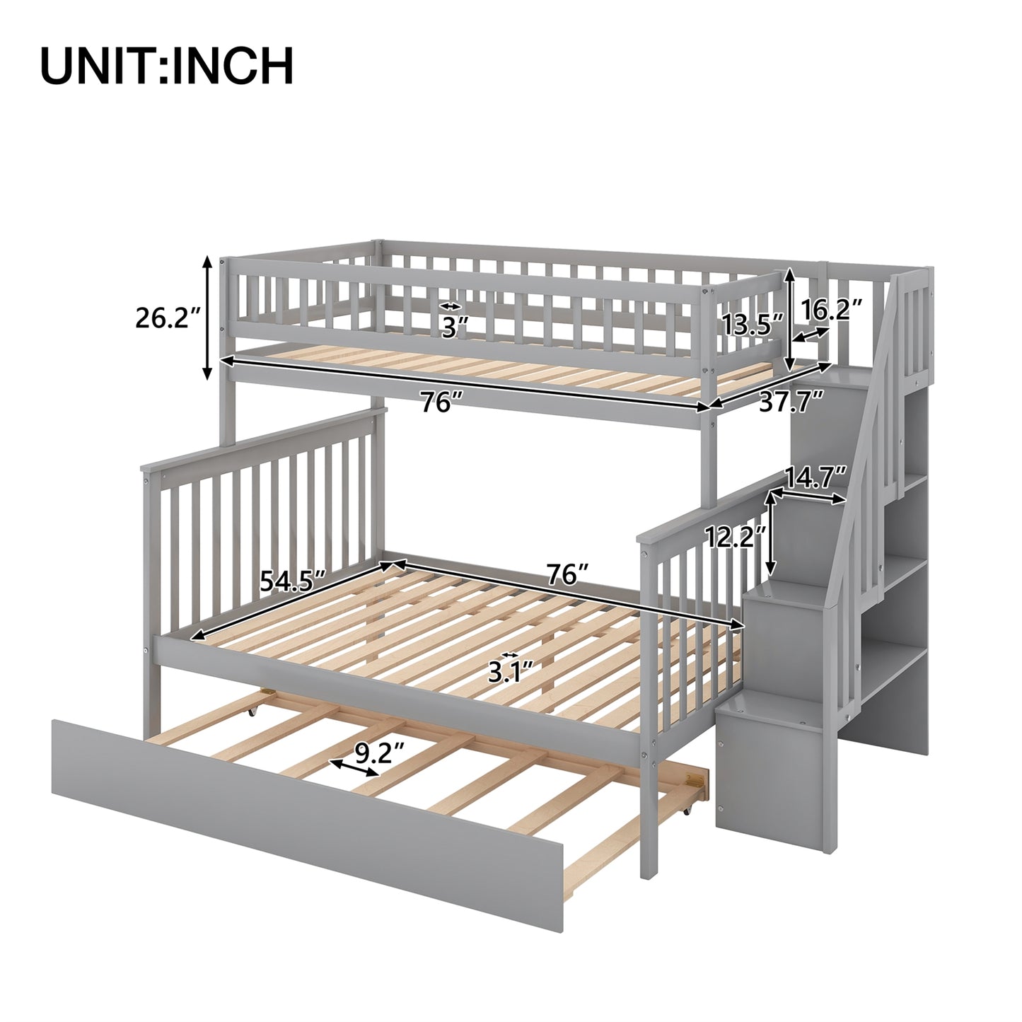 Twin over Full Bunk Bed with Trundle and Staircase - Gray