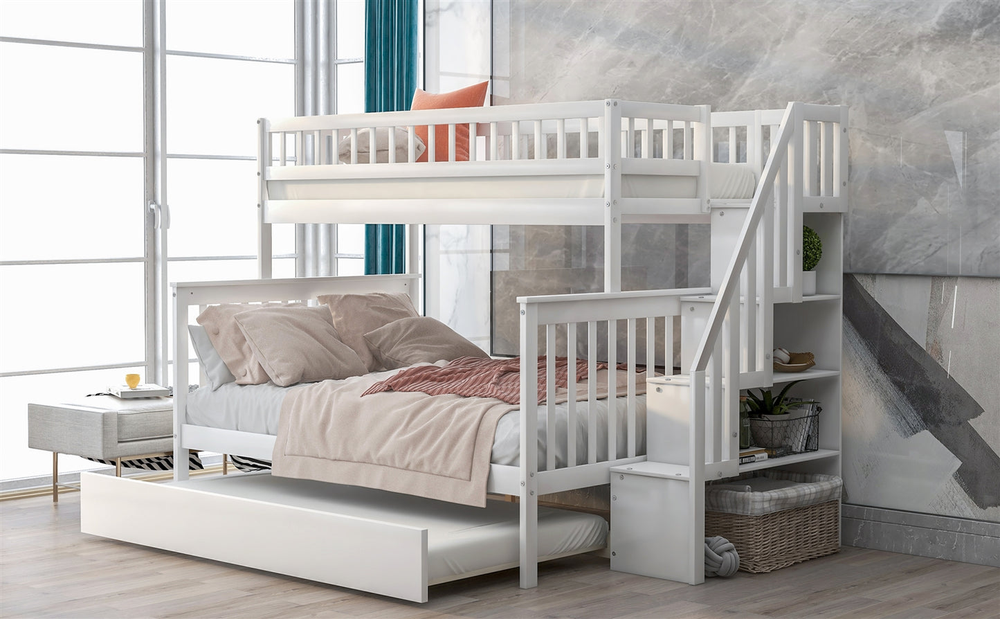 Twin over Full Bunk Bed with Trundle and Staircase - White