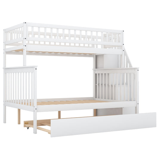 WM Store Twin over Full Bunk Bed with Trundle and Staircase - White