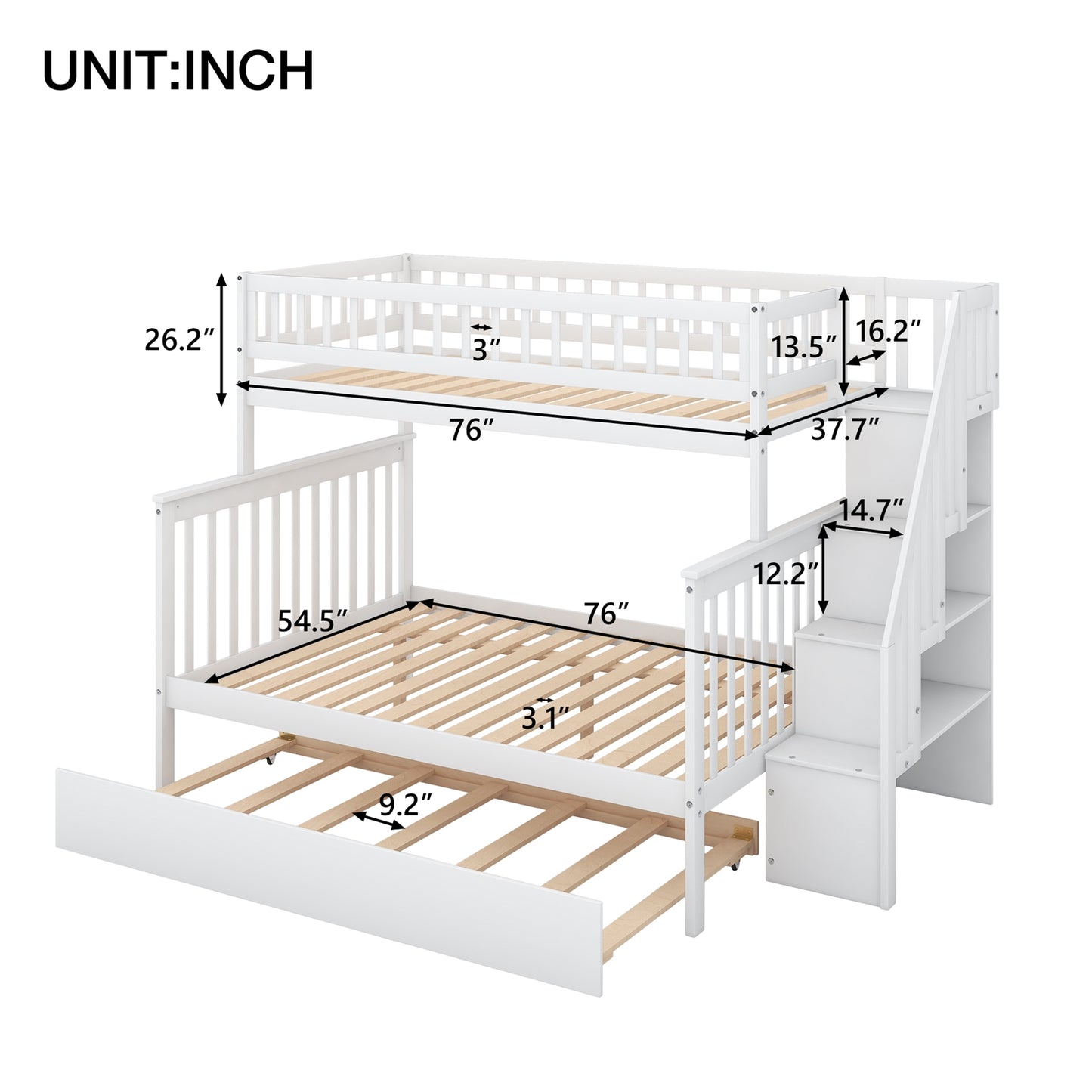 Twin over Full Bunk Bed with Trundle and Staircase - White